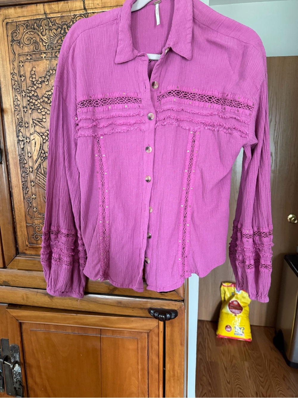 Free People Button-Front Lace Trim Shirt - Fuchsia Pink